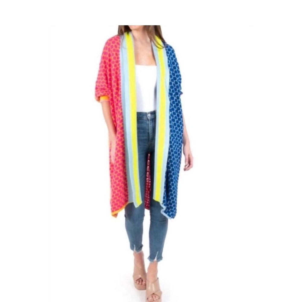 Colorblock Open-Front Kimono Cardigan - Pink & Blue